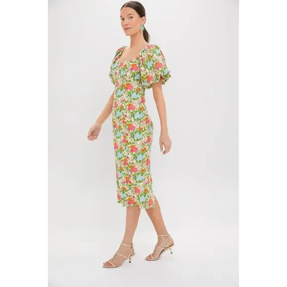 HYACINTH HOUSE Green Multi Begonia Floral Sallie Midi Dress Size XS NWT